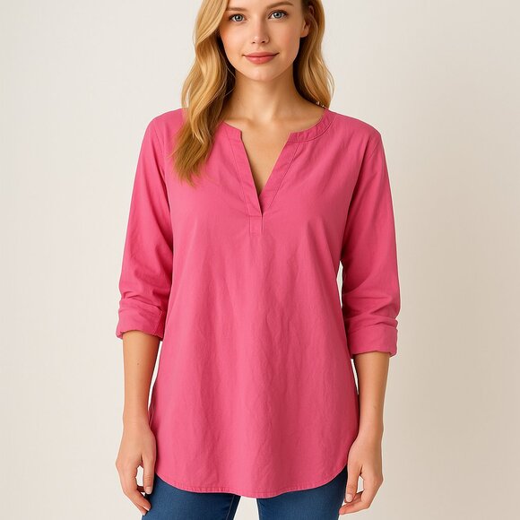 2 For $30 St. John's Bay Linen blend Pink Split V Neck 3/4 sleeve Tunic L - Picture 1 of 8